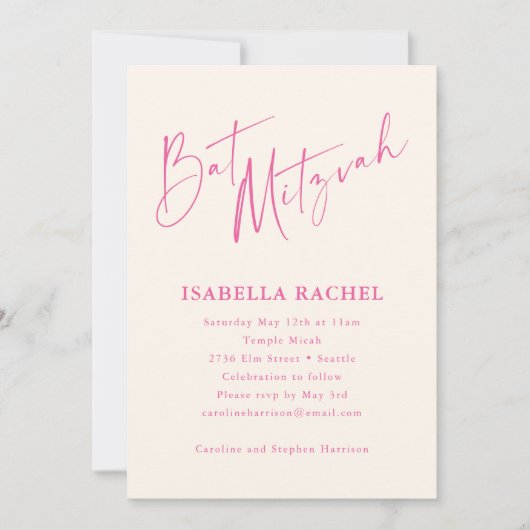 Minimal Script Hot Pink Cream Modern Bat Mitzvah Kaart (Voorkant)