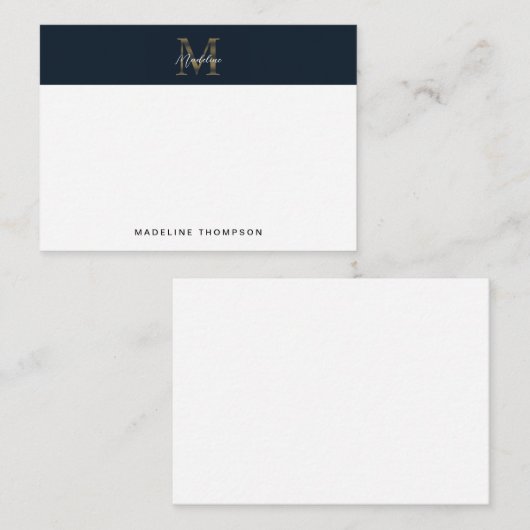Minimal Script Metallic Navy Blue Gold Monogram Notitiekaartje (Voorkant / Achterkant)
