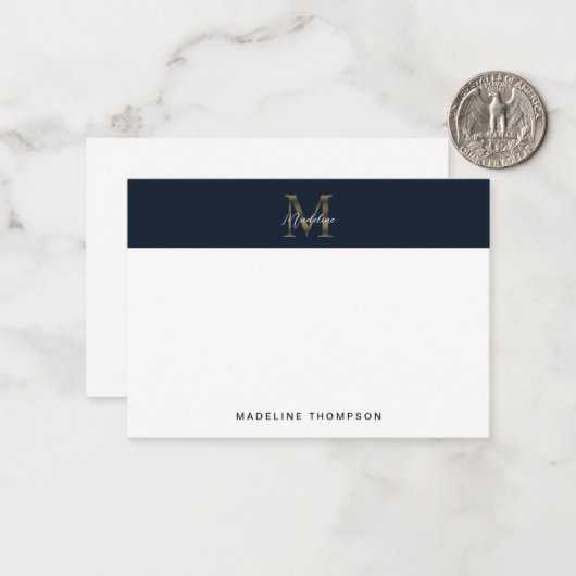 Minimal Script Metallic Navy Blue Gold Monogram Notitiekaartje (Voorkant / Achterkant in situ)