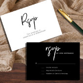Minimal Script Modern Black and White Wedding RSVP Kaartje