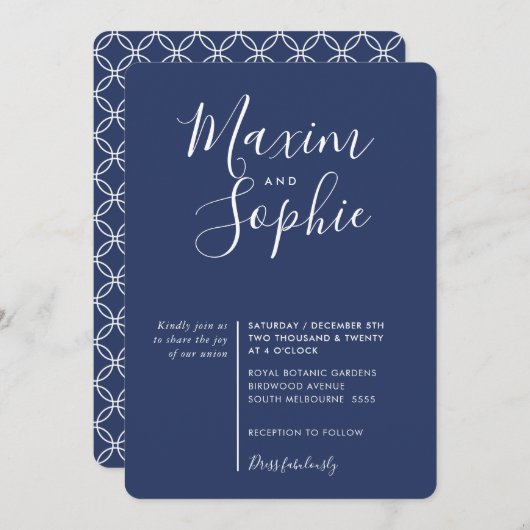 MINIMAL SCRIPT moderne bruiloft marine blauw wit Kaart (Voorkant / Achterkant)