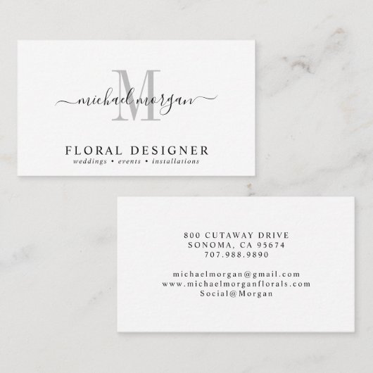 Minimal Script Monogram Floral Designer Visitekaartje (Voorkant / Achterkant)