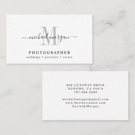 Minimal Script Monogram Photographer Visitekaartje (Voorkant / Achterkant)