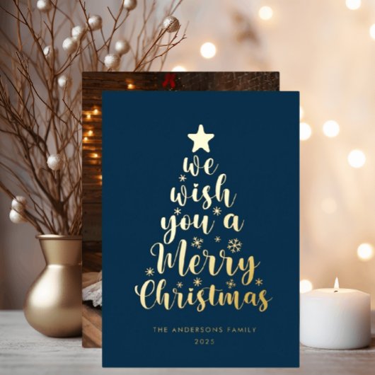 Minimal Script Navy Blue Merry Christmas Folie Feestdagenkaart