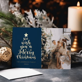 Minimal Script Navy Blue Merry Christmas Folie Feestdagenkaart