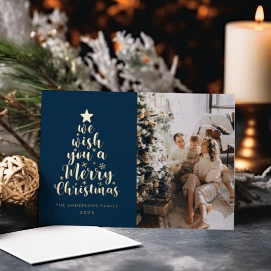 Minimal Script Navy Blue Merry Christmas Folie Feestdagenkaart