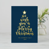 Minimal Script Navy Blue Merry Christmas Folie Feestdagenkaart (Staand Voorkant)