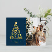 Minimal Script Navy Blue Merry Christmas Folie Folie Feestdagenkaart (Staand Voorkant)