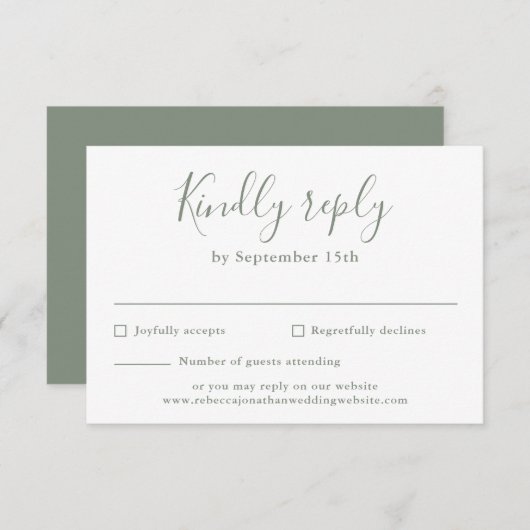 Minimal Script Olive Green Wedding RSVP Kaart (Voorkant / Achterkant)