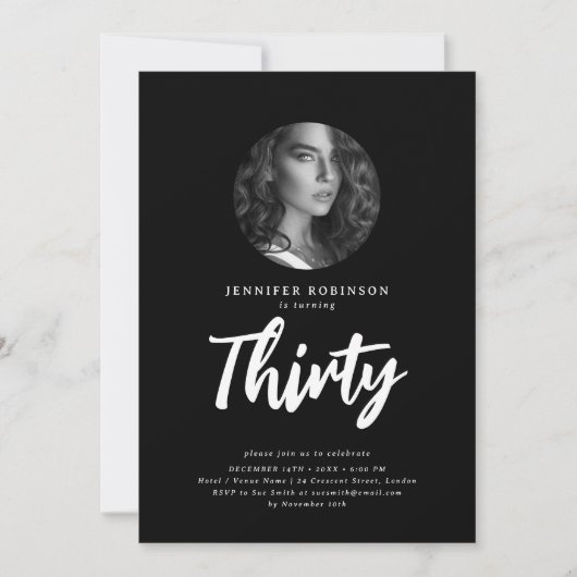 Minimal Script Photo 30th Birthday Zwart Kaart (Voorkant)