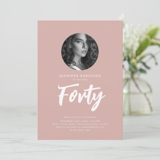 Minimal Script Photo 40th Birthday Dusty Roos Kaart (Staand voorkant)