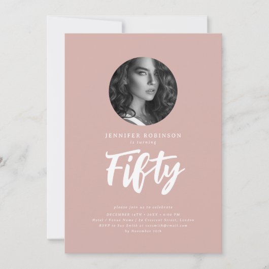 Minimal Script Photo 50th Birthday Dusty Roos Roze Kaart (Voorkant)