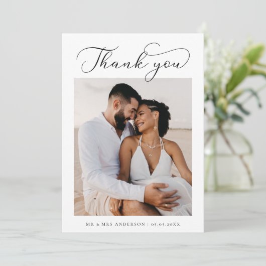 Minimal Script Photo Wedding Dank u kaart (Staand voorkant)