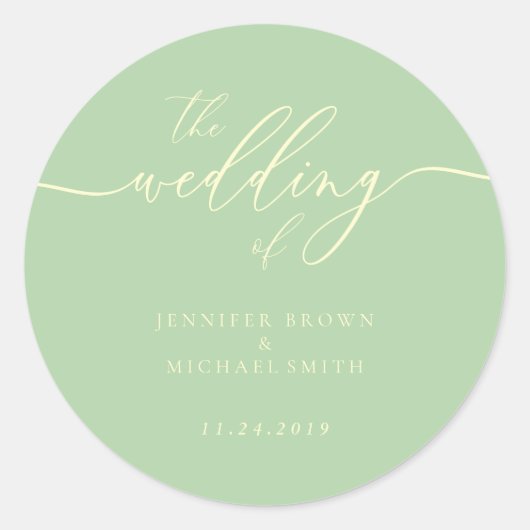 Minimal Script Pistachio & Cream Wedding Ronde Sticker (Voorkant)
