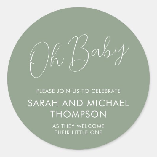 Minimal Script Sage Green Oh Baby Ronde Sticker (Voorkant)