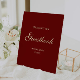 Minimal Script Wine Red "Sign Our Guestbook" Reclamebord Met Voetstuk