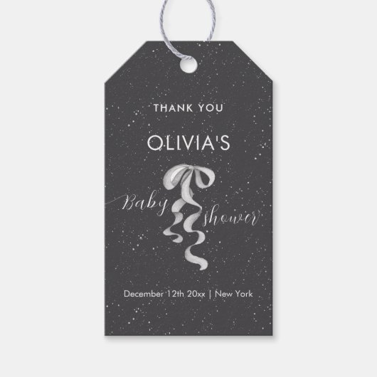 Minimal Silver Bow Winter Snow Baby Shower  Cadeaulabel (Voorkant)