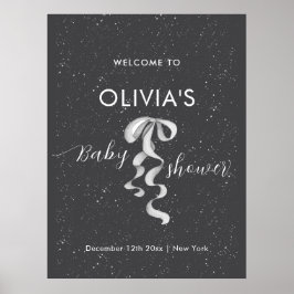 Minimal Silver Bow Winter Snow Baby Shower Welcome Poster