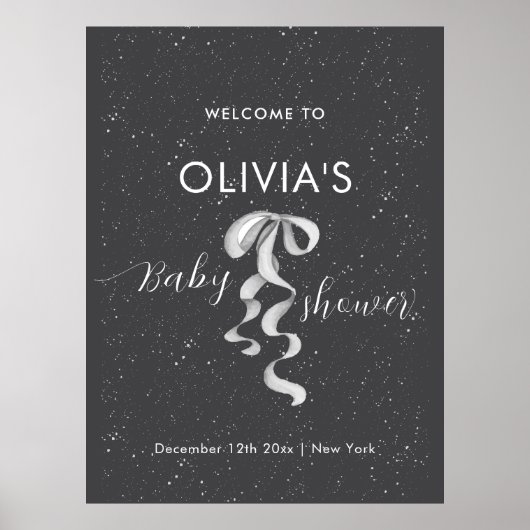 Minimal Silver Bow Winter Snow Baby Shower Welcome Poster (Voorkant)