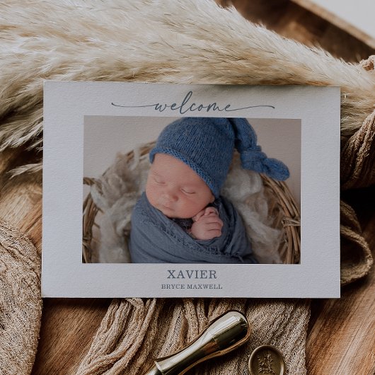 Minimal Simple Navy Photo Baby Announcement Card Kaart