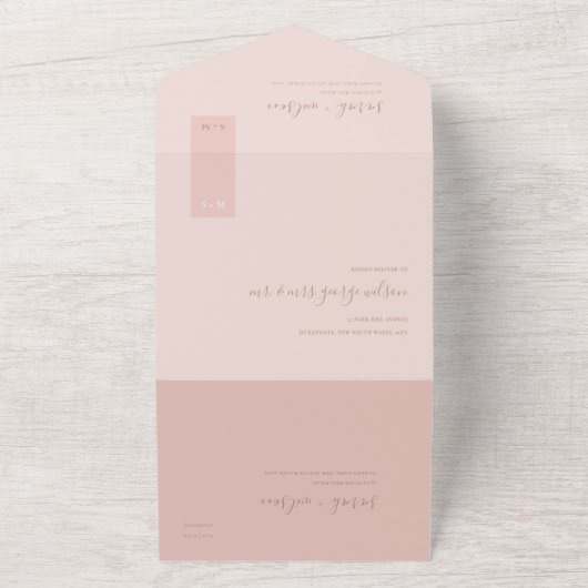 MINIMAL SOFT PASTEL BLUSKY PINK WEDING ALL IN ONE UITNODIGING (Buitenkant)