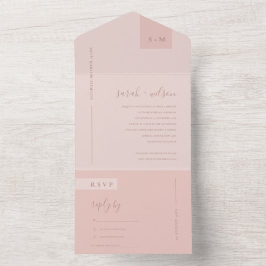 MINIMAL SOFT PASTEL BLUSKY PINK WEDING ALL IN ONE UITNODIGING (Binnen)