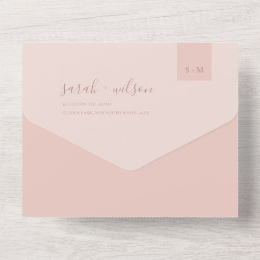 MINIMAL SOFT PASTEL BLUSKY PINK WEDING ALL IN ONE UITNODIGING (Achterkant)