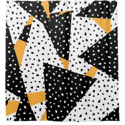 Minimal Stippen Patchwork: Zwart Wit Geel Douchegordijn (Voorkant)