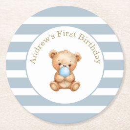 Minimal Stripes Teddybeer Verjaardagspapier Onderz Ronde Kartonnen Onderzetter