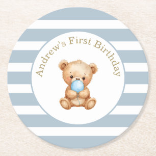 Minimal Stripes Teddybeer Verjaardagspapier Onderz Ronde Kartonnen Onderzetter