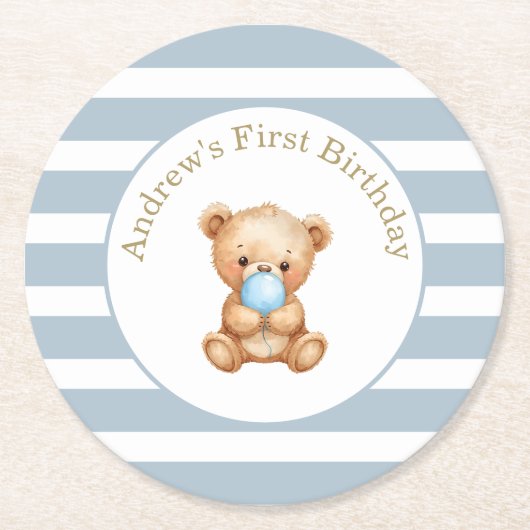 Minimal Stripes Teddybeer Verjaardagspapier Onderz Ronde Kartonnen Onderzetter (Voorkant)