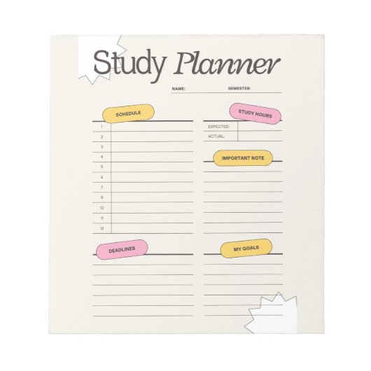 Minimal Study Planner With Hourly Schedule Notitieblok (Voorkant)