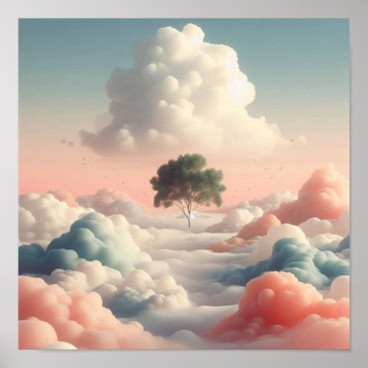 Minimal Surreal Tree Above Soft Pastel Clouds Poster (Voorkant)