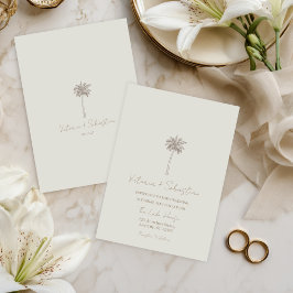 Minimal Taupe Palm Tree Beach Wedding Invitation Kaart