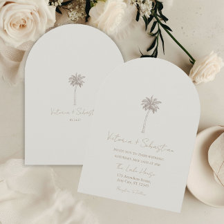 Minimal Taupe Palm Tree Beach Wedding Invitation Kaart