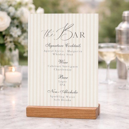 Minimal Taupe Stripe Wedding Bar Menu Kaart