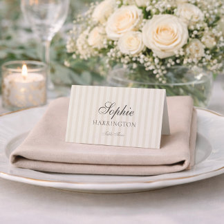 Minimal Taupe Stripe Wedding Place Card  Kaart