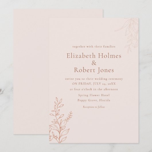 Minimal Terracotta Botanical Wedding Invitation Kaart (Voorkant / Achterkant)