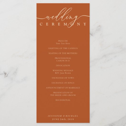 Minimal terracotta Ceremony wedding Programmakaart (Voorkant)
