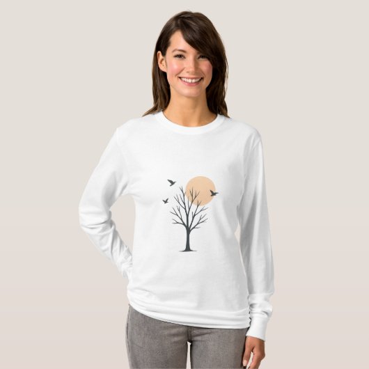 Minimal Tree & Birds Sunset Women’s T-Shirt (Voorkant volledig)