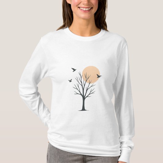 Minimal Tree & Birds Sunset Women’s T-Shirt (Voorkant)