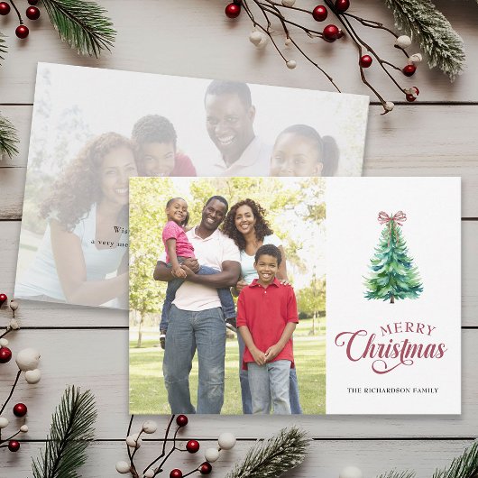 Minimal Tree With Bow 2 Photo Christmas Card Feestdagenkaart