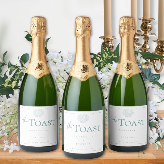 Minimal Typography Aqua & White Seashell Wedding Sparkling Wijnetiket