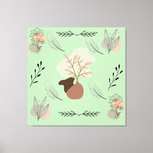 Minimal vase, feathers and floral boho art- canvas afdruk (Voorkant)