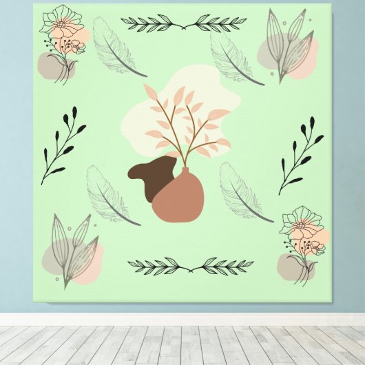 Minimal vase, feathers and floral boho art- canvas afdruk (Insitu (Houten vloer))