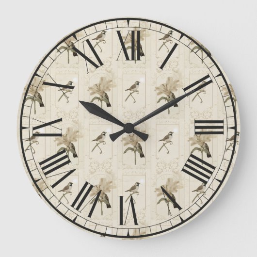 Minimal Vintage Lily Bird Elegant Antique Grote Klok (Voorkant)