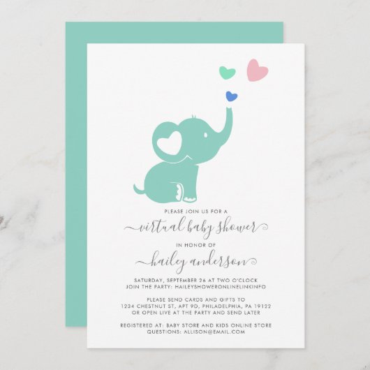 Minimal Virtual Baby shower Mint Elephant Kaart (Voorkant / Achterkant)