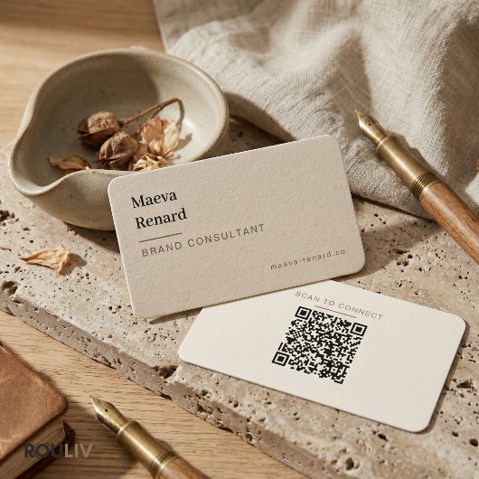 Minimal Warm Beige Linen Texture QR Code Freelance Visitekaartje