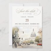Minimal Washington DC USA Waterverf Fotobruiloft Save The Date (Voorkant)