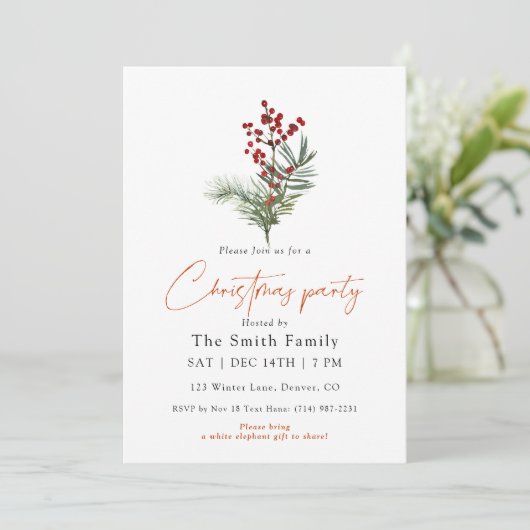Minimal Watercolor Berry Christmas Party Kaart (Staand voorkant)